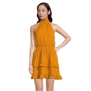 BCBG Paris Smocked Neck and Waist Halter Dress with Ruffled Skirt. Size Large.